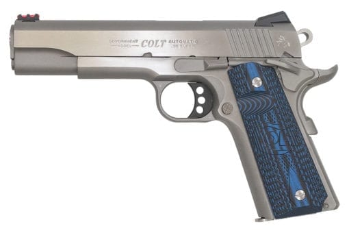 colt competition stainless 38 super pistol with blue grips at nagels