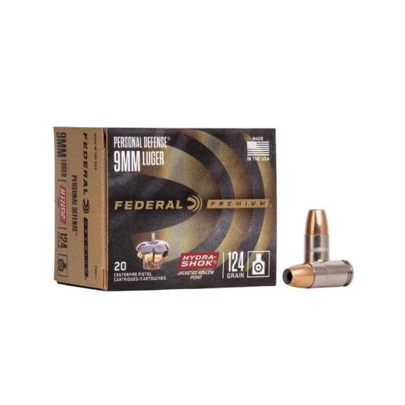 Federal Personal 9mm Defense Hydra-Shock 124gr Jacketed Hollow Point Ammunition - 20 Rd/ Box - P9HS1